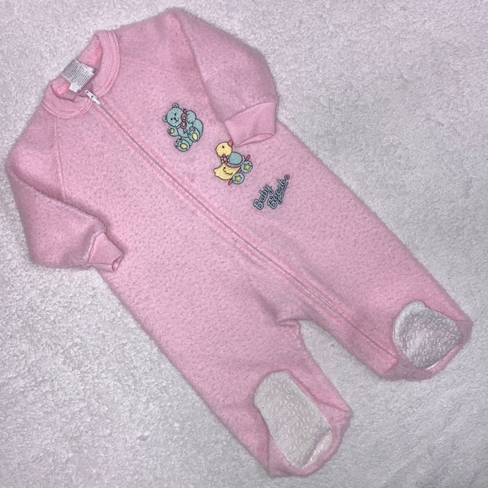 Vintage Oshkosh pink fleece sleeper pajama embrywith duck and teddy bear 12m